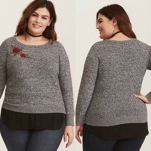 Torrid NWT 3X BLACK & WHITE MARLED EMBROIDERED CHIFFON TRIM SWEATER Plus Size